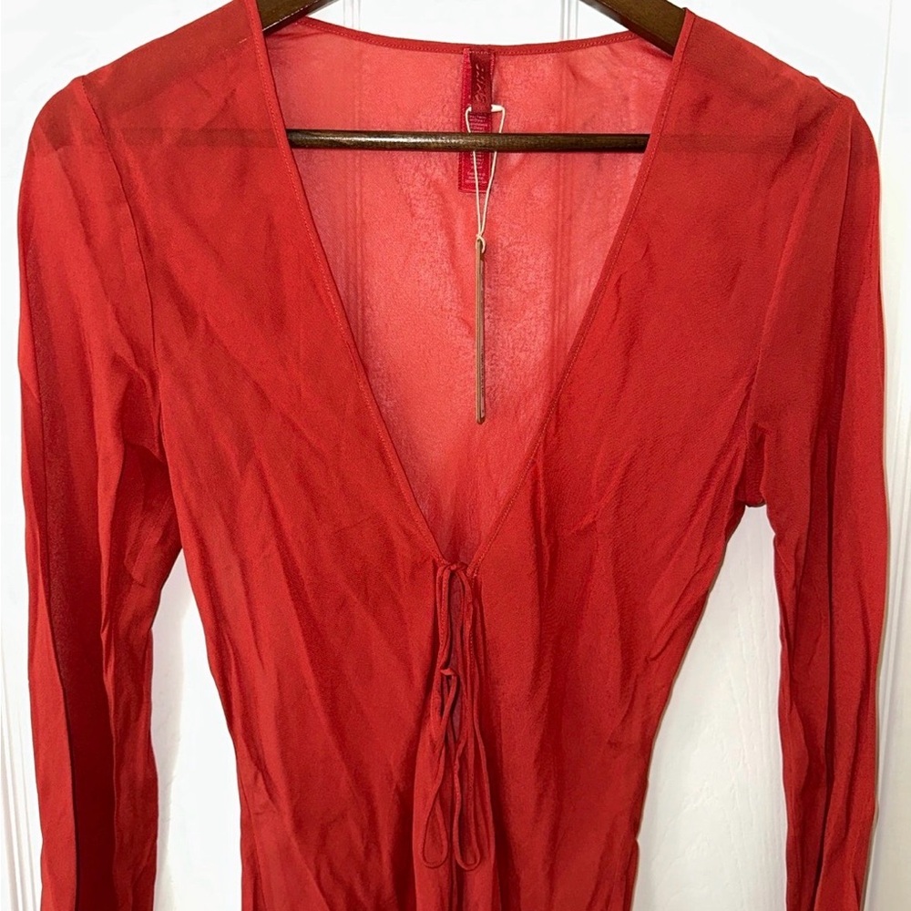 Deep V Tie-Front Red Sheer Long Sleeve Top